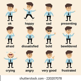 Businessman cartoon character emotions set isolated vector illustration