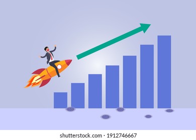 Businessman cartoon character in face mask riding a rocket following growing graph after coronavirus outbreak