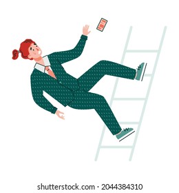 Businessman cartoon character falls from stairs, flat vector illustration on white background. Man in a formal suit falls from height getting injury or wound.