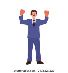 Businessman cartoon character in formal suit wearing boxing gloves gesturing win with raised hands