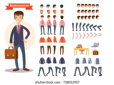 Businessman cartoon character generator with smiling young man in business suit and briefcase. Face expressions, body parts, clothing, business attributes set for personage making flat isolated vector