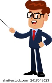Businessman Cartoon Character Gesturing With A Pointer Stick. Vector Illustration Flat Design Isolated On Transparent Background
