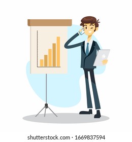businessman cartoon character with hand phone during presentation pose