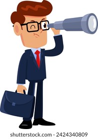 Businessman Cartoon Character With A Handheld Telescope. Vector Illustration Flat Design Isolated On Transparent Background