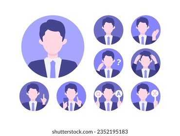 BusinessMan cartoon character head collection set. People face profiles avatars and icons. Close up image of smiling man. Vector flat illustration.