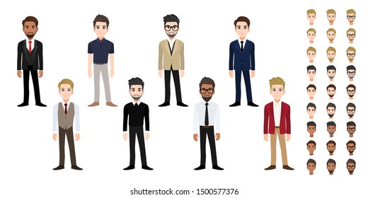 Businessman cartoon character head set. Handsome business man in office style on white background. Flat vector illustration