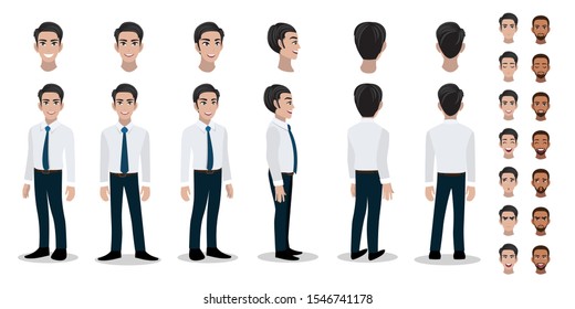 Animación y juego de cabezas de personaje de dibujos animados de los hombres de negocios. Carácter de vista frontal, lateral, posterior, 3-4. Vector de diseño de icono plano