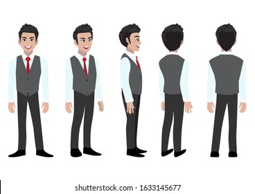 Businessman cartoon character head set and animation. Front, side, back, 3-4 view character. Flat icon design vector