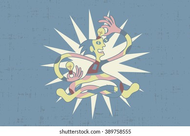 Businessman cartoon character holding idea light bulb with dollar sign eyes.