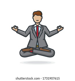 Businessman cartoon character levitating while practicing meditation in yoga lotus pose with crossed legs and Gyan mudra gesture isolated vector illustration for World Meditation Day on May 31st.