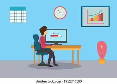 Businessman cartoon character looking at recovery bar status on the computer monitor with growing financial graph on the wall