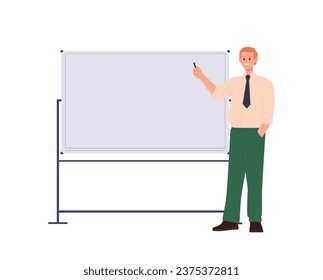 Businessman cartoon character making presentation standing nearby whiteboard and pointing with pen