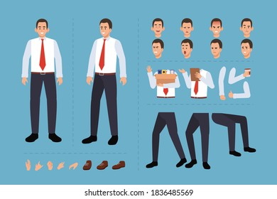 Businessman cartoon character for motion design with facial expressions, hand gestures, body and leg movement