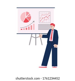 Businessman cartoon character near presentation board with charts and diagrams, vector illustration isolated on white background. Business coaching and training.