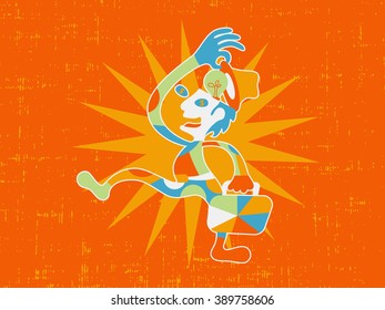 Businessman cartoon character open his hat to show idea light bulb with dollar sign eyes.