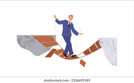 Businessman cartoon character overcoming gorge walking on broken wooden bridge between rock cliff