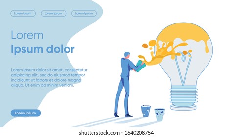 Businessman Cartoon Character Painting Big Electric Bulb as Creative Mind and Originative Progressive Thinking Metaphor. Innovative Advanced Technology for Business Starting. Flat Vector Illustration.