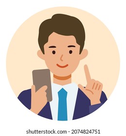 BusinessMan cartoon character. People face profiles avatars and icons. Close up image of man using smartphone. Vector flat illustration.