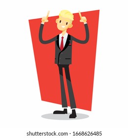 businessman cartoon character with point finger to the top pose