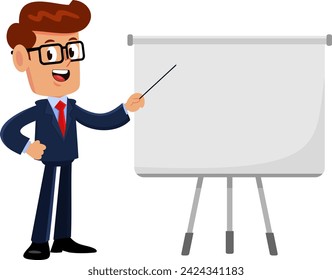 Businessman Cartoon Character Pointing On A Blank Board. Vector Illustration Flat Design Isolated On Transparent Background