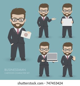 Businessman cartoon character pose set with whiteboard and laptop.Vector illustration for infographics, paper, presentation and education.
