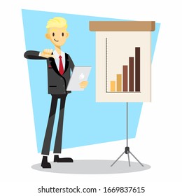 businessman cartoon character with proud during presentation pose