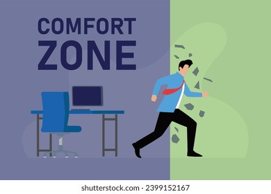 Businessman cartoon character punching wall of comfort zone 2d vector illustration concept
