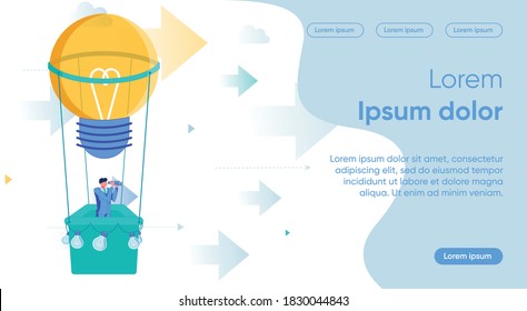 Businessman Cartoon Character Rising Up on Air Balloon in Electric Bulb Shape and Looking through Binoculars. Creative MInd, Constructive Thinking and Successful Idea. Flat Vector Illustration.