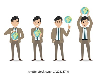 Businessman cartoon character, save the world or save the earth concept with set of four poses. Handsome business man in office style smart suit . Vector illustration