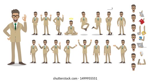 Businessman cartoon character set. Handsome business man in office style smart suit . Vector illustration 