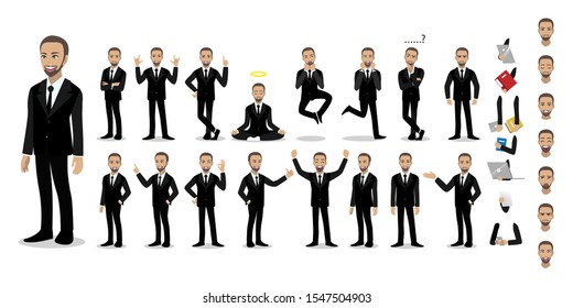 Businessman cartoon character set. Handsome business man in office style smart suit . Vector illustration 