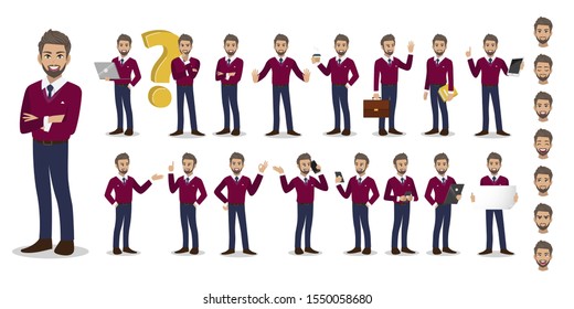 Businessman cartoon character set. Handsome business man in fall casual with purple sweater shirt . Vector illustration