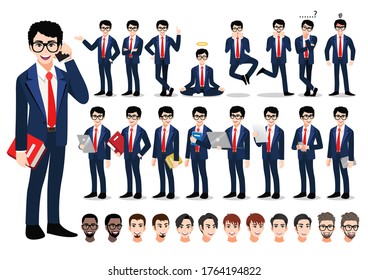 Businessman cartoon character set. Handsome business man in office style smart suit . Vector illustration