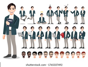 Businessman cartoon character set. Handsome business man in office style smart suit . Vector illustration