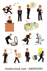 Businessman Cartoon Character Set. Manager With Money, Euro Currency Bubble, Sign Board, Briefcase, Reading, Making Speech, Stealing Idea, Carrying Box, Sleeping. Business People Activity Theme Design