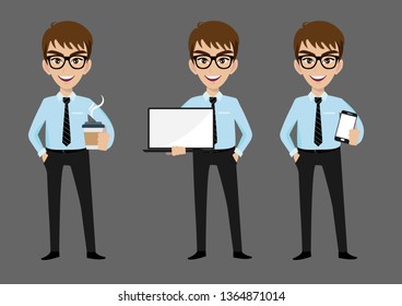 Businessman cartoon character, set of three poses. Handsome business man in office style clothes holding mobilephone, laptop and holding coffee. Vector illustration