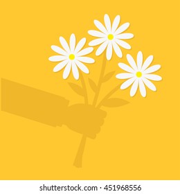 Businessman cartoon character shadow hand holding bunch bouquet of white daisy flowers. Greeting card.  Yellow background. Flat material design. Vector illustration