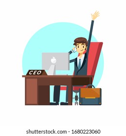 businessman cartoon character sit in front of his desk raising his Hand