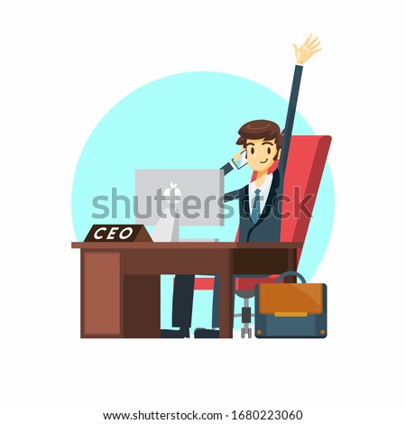 businessman cartoon character sit in front of his desk raising his Hand