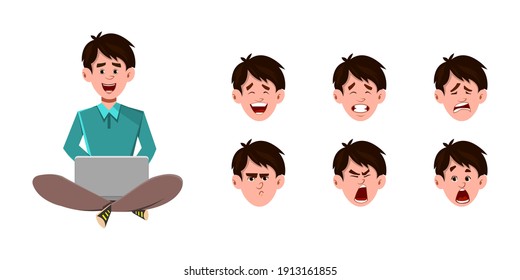 Businessman cartoon character sitting on the floor and working or relaxing with laptop