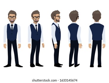 Businessman cartoon character with a smart shirt and waistcoat for animation. Front, side, back, 3-4 view character. Flat icon design vector