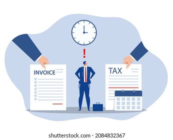 Businessman cartoon character standing feeling not free in fetter between tax and debt vector illustration