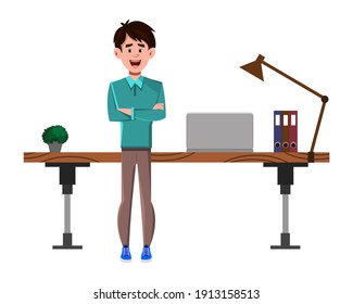 Businessman cartoon character stands near his table or workplace