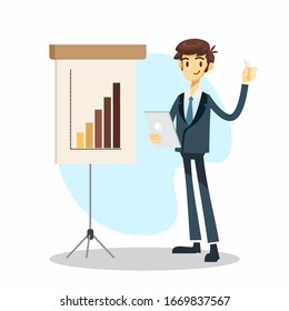 businessman cartoon character with thumbs up during presentation pose