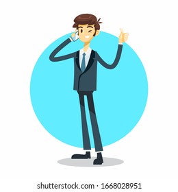 Zeichentrickfigur von Geschäftsleuten mit Handy-Pose