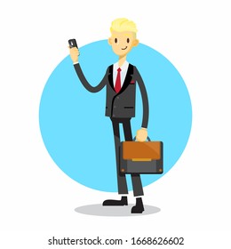 businessman cartoon character with using hand phone pose