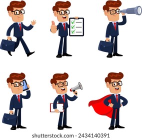 Businessman Cartoon Character. Vector Flat Design Collection Set Isolated On Transparent Background