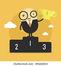 Businessman cartoon character winner holding a number one trophy. vector