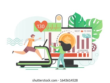 Businessman cartoon character working hard, running on treadmill, to reach business success, vector flat style design illustration. Earning money business concept for web banner, website page etc.