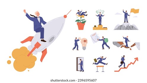 Businessman cartoon characters set in different business situation solving everyday problems